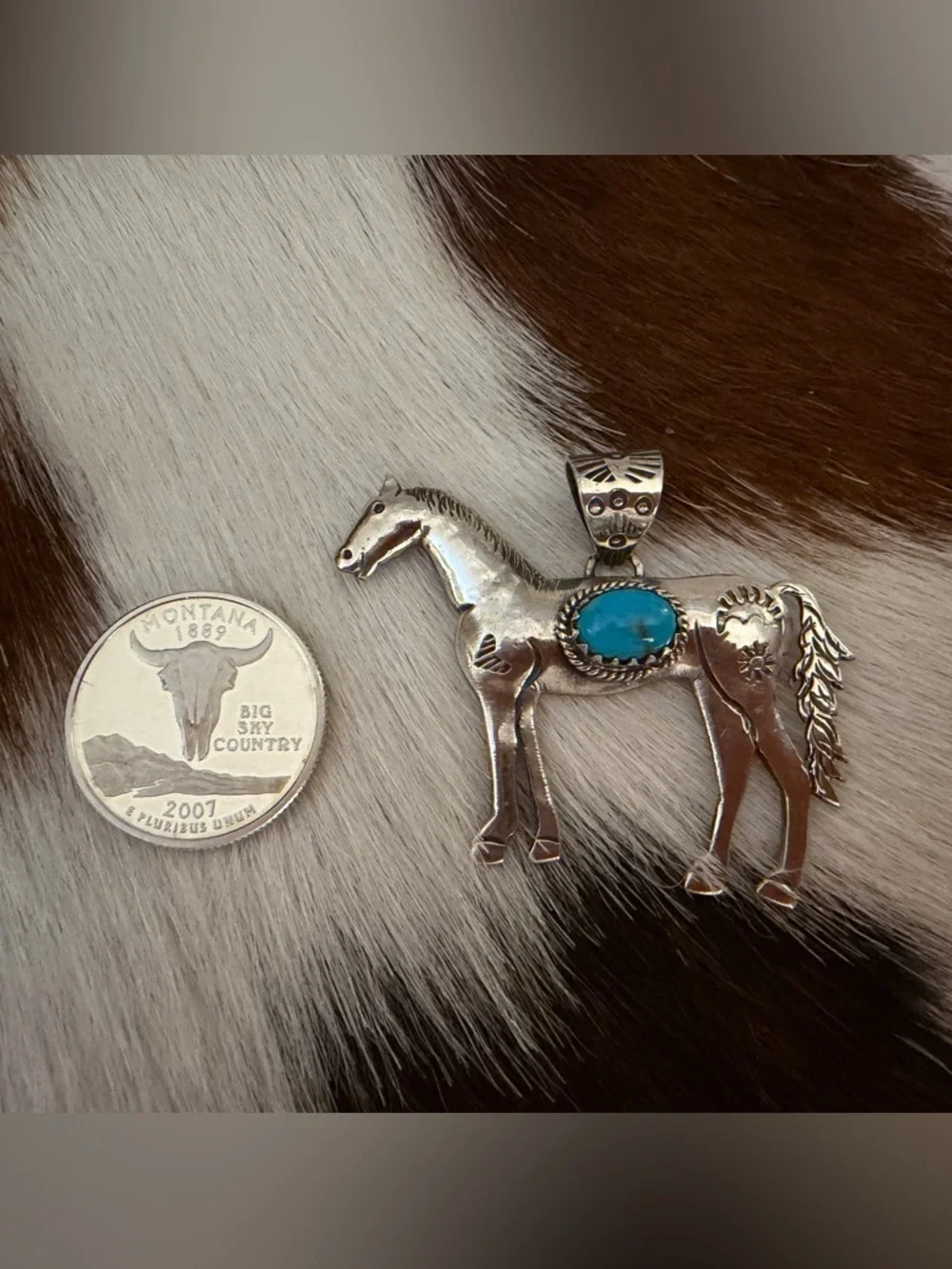 ❤️ Kingman Turquoise Sterling Hand Stamped Statement Horse Unisex Pendant